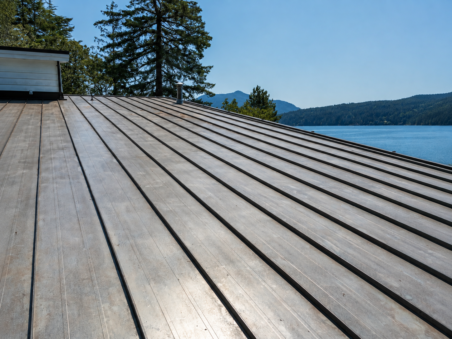 Cleaned standing-seam metal roof on a waterfront home, looking out over the lake and forested hills of the Cowichan Valley